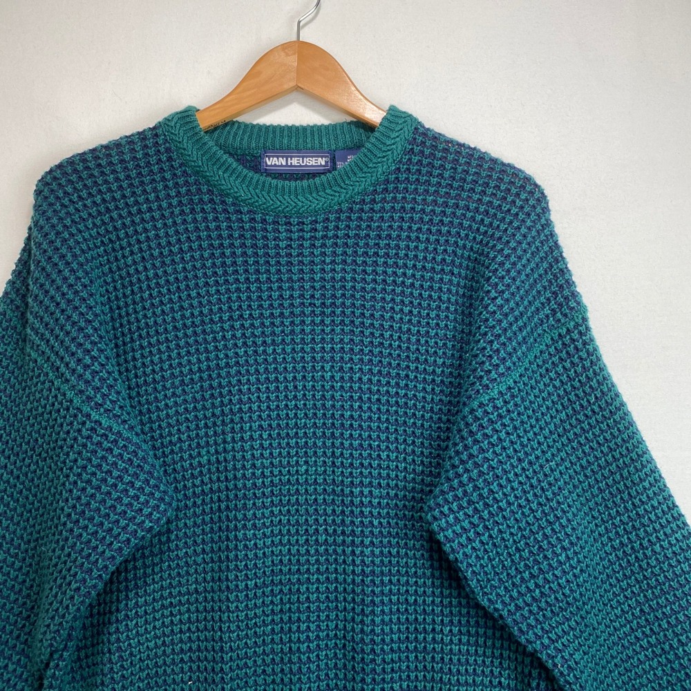 Van Heusen Vintage Mens Medium Teal Navy Waffle Knit Ramie Cotton Sweater 90s